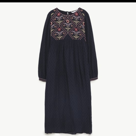 ZARA EMBROIDERED DOTTED MESH MIDI DRESS FLORAL - Picture 4 of 5
